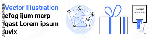 Network diagram with connecting nodes, gift box with blue ribbon, credit card payment showing security code. Ideal for financial transactions, gifting services, networking, security, digital