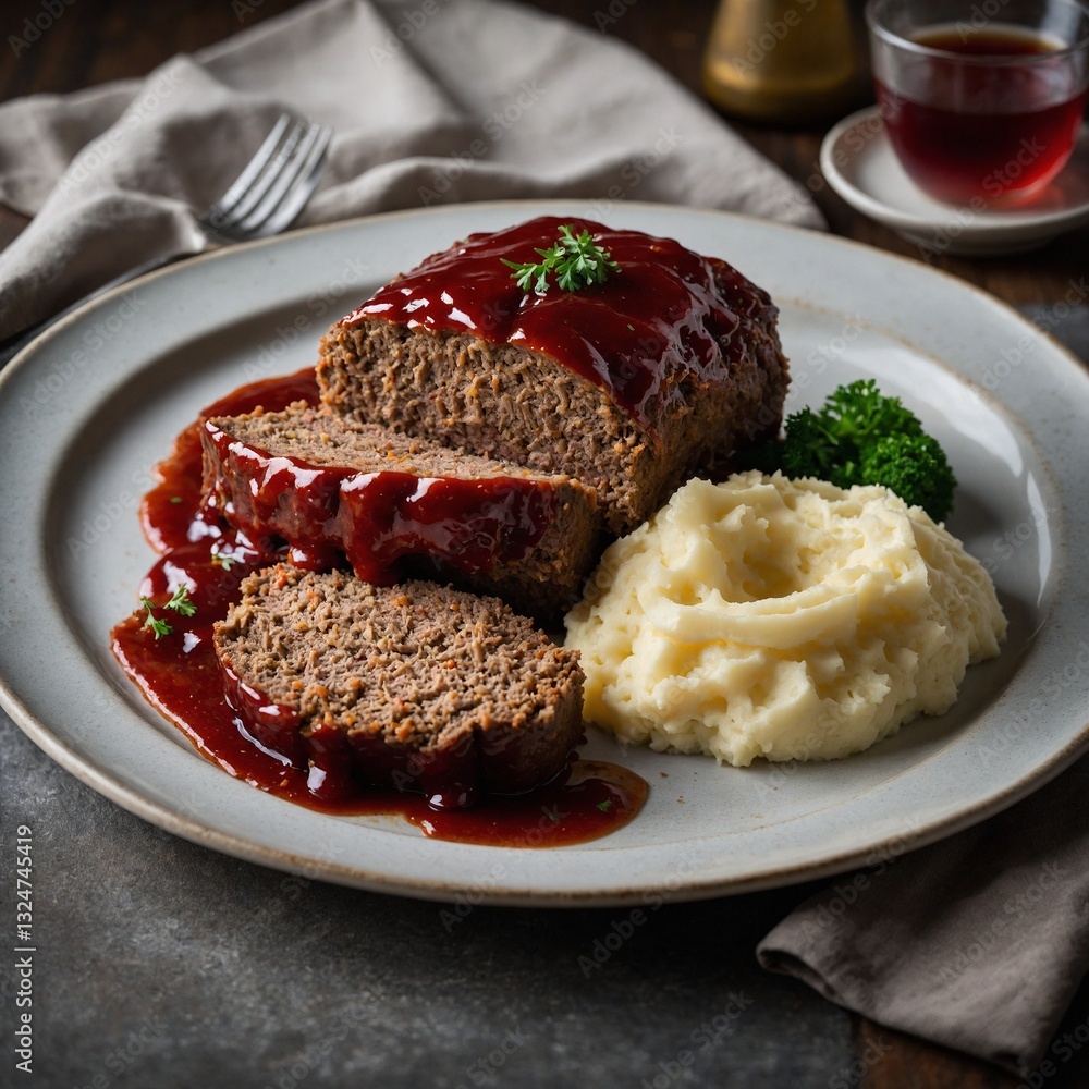Veal medallions with cherry sauce and mashed potatoes on white plate Cook tenderloin with BBQ sauce and mashed potatoes on a white plateClassic beef meatloaf with a tangy tomato glaze served with Veal medallions with cherry sauce and mashed potatoes on white plate Cook tenderloin with BBQ sauce and mashed potatoes on a white plateClassic beef meatloaf with a tangy tomato glaze served with