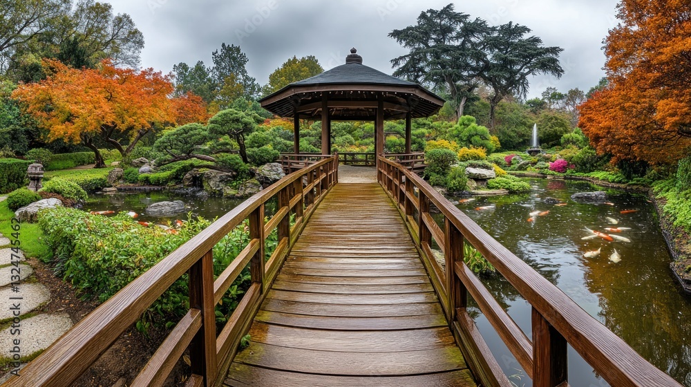 Wooden bridge leads to gazebo in autumnal Japanese garden Wooden bridge leads to gazebo in autumnal Japanese garden