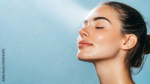 Woman refreshing her face with hydrating mist on blue background