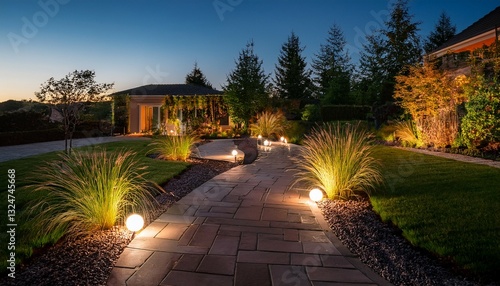 landscape lighting experts installing elegant outdoor lights along a garden pathway creating a warm and inviting evening ambiance