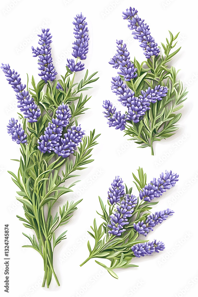 Naklejka premium Detailed illustration of lavender sprigs, featuring vibrant purple flowers and lush green leaves, arranged in a decorative pattern