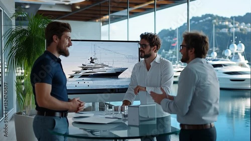 Business meeting discussing luxury yachts in a modern office overlooking a marina