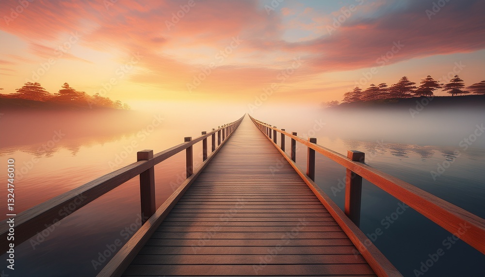 Endless Wooden Bridge into a Dreamy Misty Sunset Endless Wooden Bridge into a Dreamy Misty Sunset