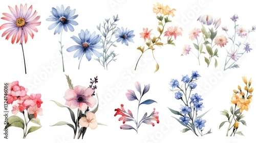 Beautiful Watercolor Flowers Collection on White Background with Clean Sharp Lines and Centred View