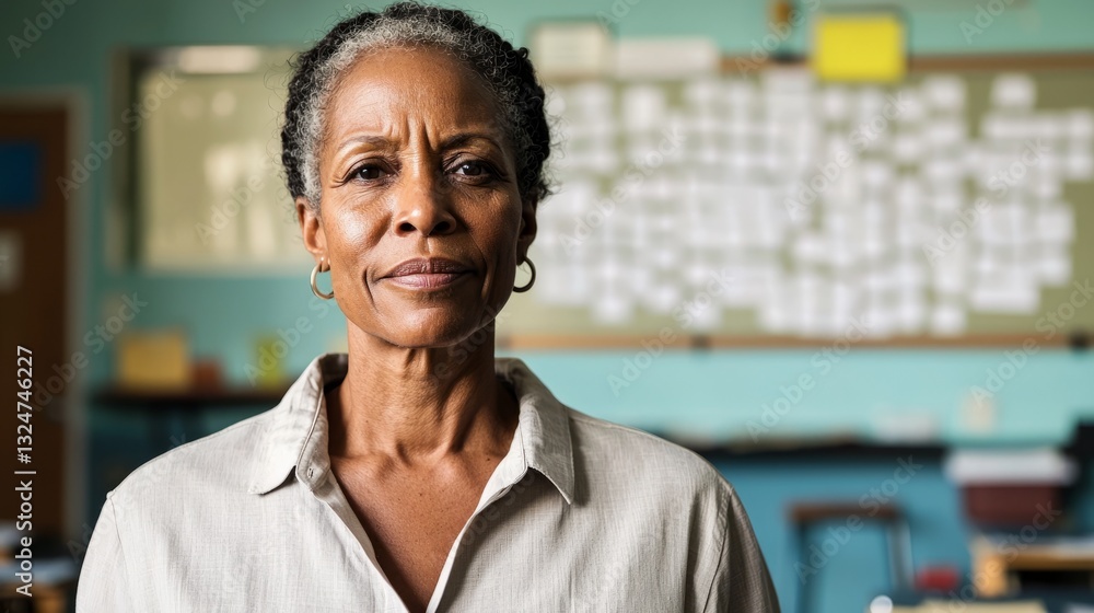Obraz premium Woman stands near school whiteboard with chalkboard erasers.