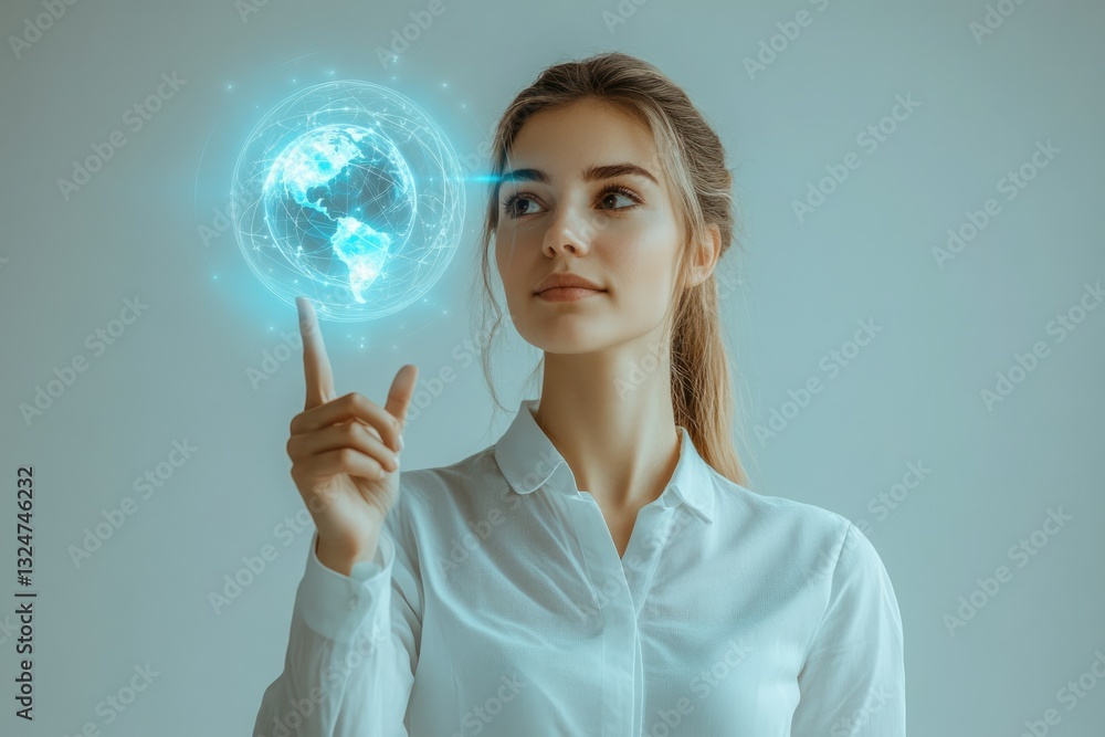 Young woman interacts with a digital holographic globe, showcasing global connectivity and futuristic technology. Young woman interacts with a digital holographic globe, showcasing global connectivity and futuristic technology.
