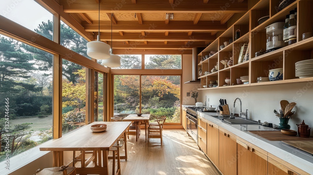 A modern kitchen overlooks a beautiful lush natural outdoor landscape A modern kitchen overlooks a beautiful lush natural outdoor landscape