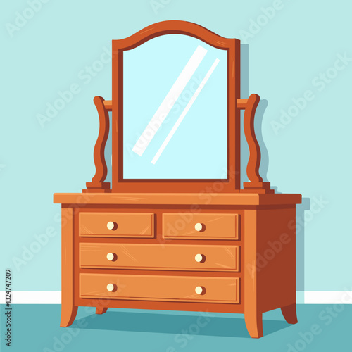 Classic wooden dresser with mirror in flat design, home decor