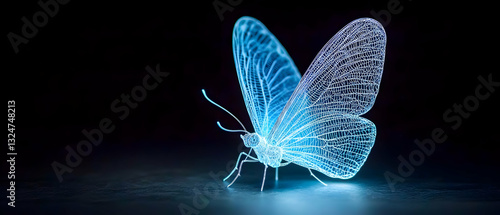 Glowing Blue Digital Butterfly With Intricate Wireframe Wings On Dark Background With Subtle Light