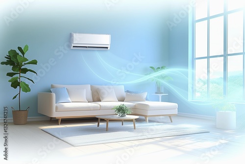 The air conditioner with blue effect in the modern living room feels refreshing and cool