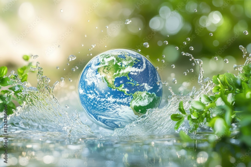 Earth splashing into water among green leaves symbolizes conservation, sustainability, and environmental protection. Ideal for World Water Day, climate awareness, and ecological campaigns Earth splashing into water among green leaves symbolizes conservation, sustainability, and environmental protection. Ideal for World Water Day, climate awareness, and ecological campaigns