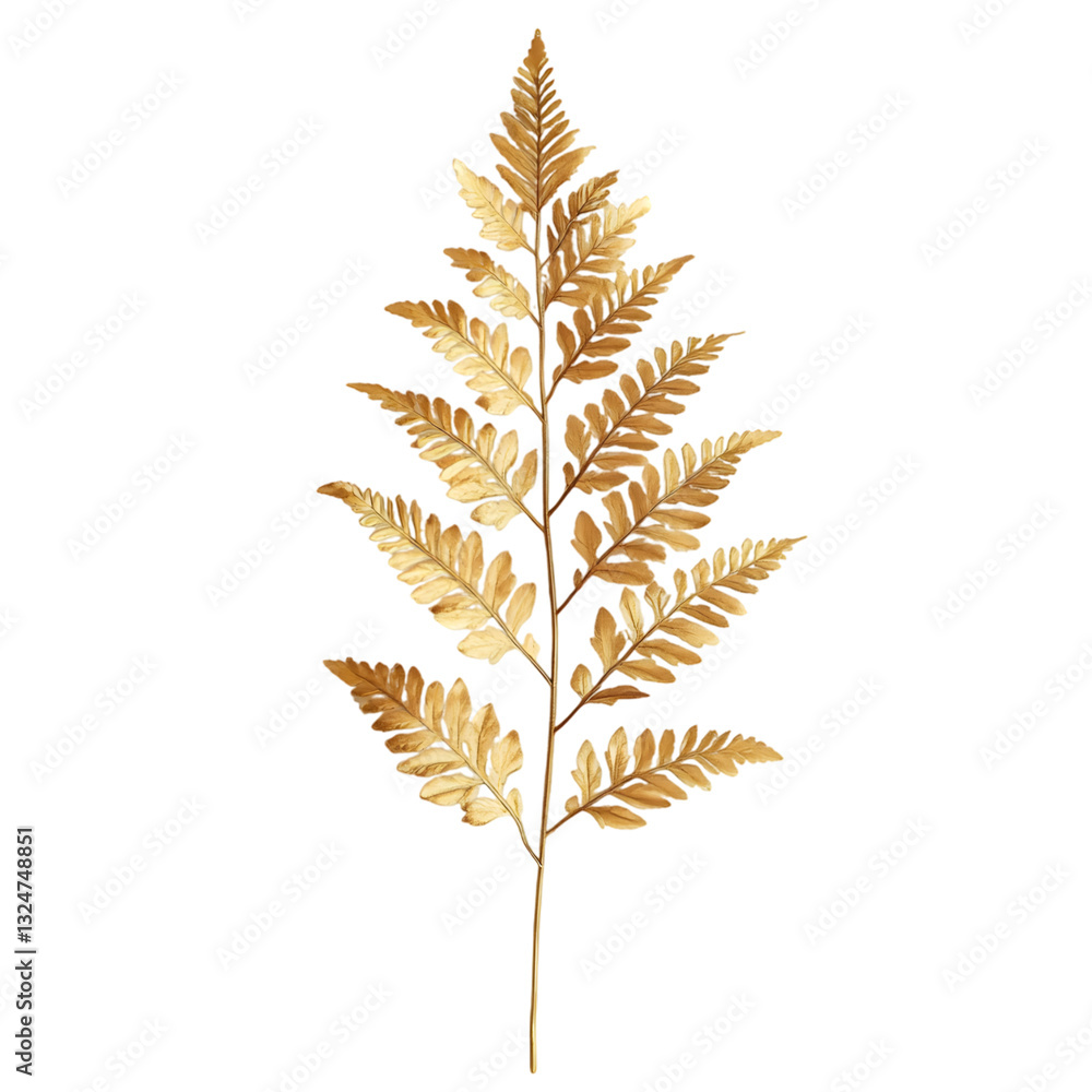 A beautifully detailed golden fern leaf isolated on a white background A beautifully detailed golden fern leaf isolated on a white background