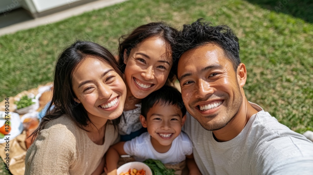 Obraz premium A happy family of four posing outdoors for a group selfie.