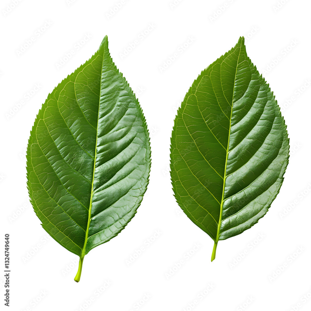 A high-resolution close-up of two fresh green leaves side by side, showcasing their natural texture and vein patterns A high-resolution close-up of two fresh green leaves side by side, showcasing their natural texture and vein patterns