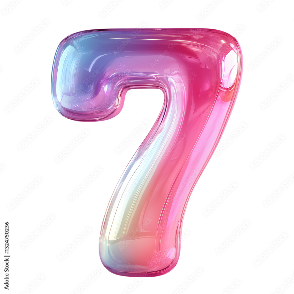 A sleek and stylish number 7 designed in a soft glass effect with pink and blue hues A sleek and stylish number 7 designed in a soft glass effect with pink and blue hues