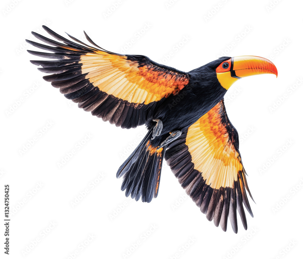 Obraz premium Colorful toucan in flight with outstretched wings, cut out