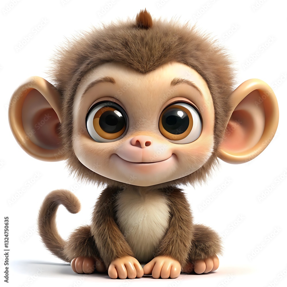Obraz premium A Charming Baby Monkey With Big, Expressive Eyes, Sitting Sweetly And Patiently, Radiating Innocent Joy And Warmth In A 3d Animated Rendering