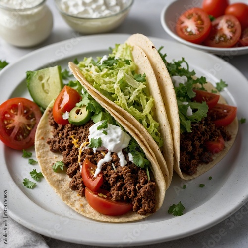 Various Bbq meat on wooden skewers Barbecue of delicious fried meat and vegetables on the grill outdoors. Sunny day, blurred background. Tacos mexican food MEXICAN TACO FOOD Steak tacos with sliced me