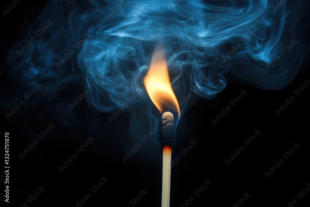 Matchstick ignites with a small flame in a dark setting, creating a beautiful contrast with swirling smoke Matchstick ignites with a small flame in a dark setting, creating a beautiful contrast with swirling smoke