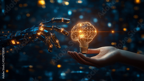 AI and machine learning concept with robot and human hands touching a big data network. Glowing brain-shaped data in a light bulb, futuristic scene with digital networks and glowing lines.