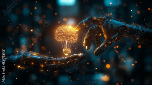 AI and machine learning concept with robot and human hands touching a big data network. Glowing brain-shaped data in a light bulb, futuristic scene with digital networks and glowing lines.