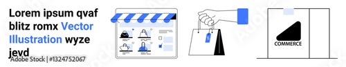 E-commerce scene with online storefront, hand placing a tag on a shopping bag, and a labeled package. Ideal for retail, online shopping, marketing, customer engagement, digital commerce, secure