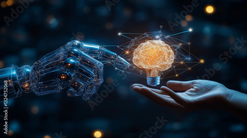 AI and machine learning concept with robot and human hands touching a big data network. Glowing brain-shaped data in a light bulb, futuristic scene with digital networks and glowing lines.