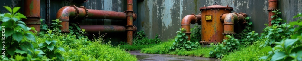 Overgrown weeds surround corroded pipes near bin, outdoor, metal Overgrown weeds surround corroded pipes near bin, outdoor, metal