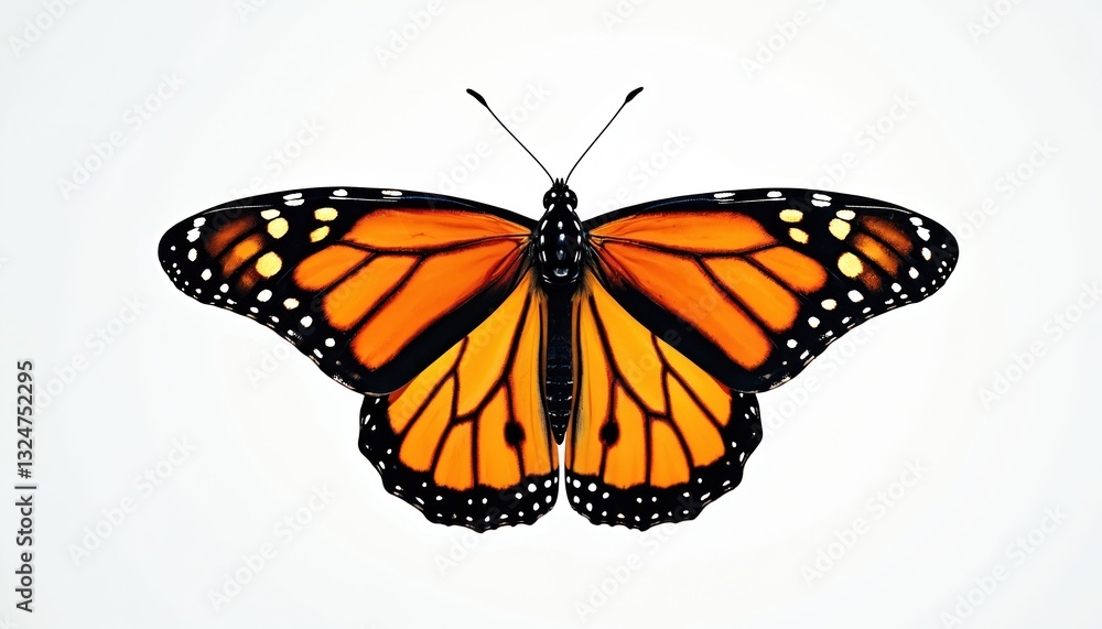 Naklejka premium Isolated monarch butterfly on transparent background. Close-up of nature insect with orange, black and white pattern on wings. Wildlife beauty on white background for design, banner or illustration.
