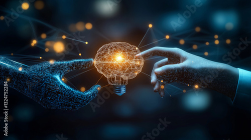 AI and machine learning concept with robot and human hands touching a big data network. Glowing brain-shaped data in a light bulb, futuristic scene with digital networks and glowing lines.
