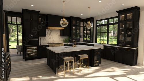 A modern kitchen features black cabinets and gold accents throughout the room