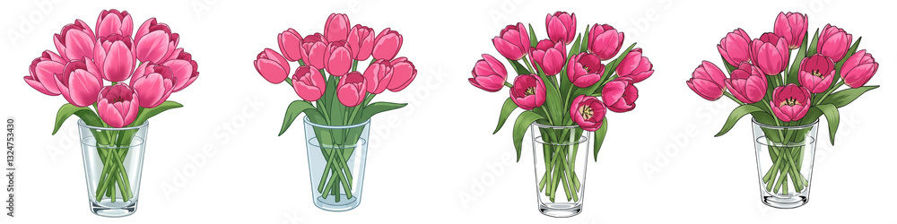 Fototapeta premium Pink Tulips in Glass Vases Watercolor Illustration - Delicate watercolor painting of pink tulips arranged in four glass vases. Symbolizing spring, beauty, new beginnings, love, and celebration