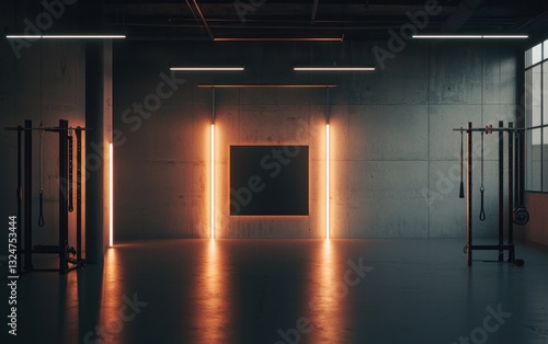 Dark Industrial Gym Interior with Orange Neon Lights and Blank Sign