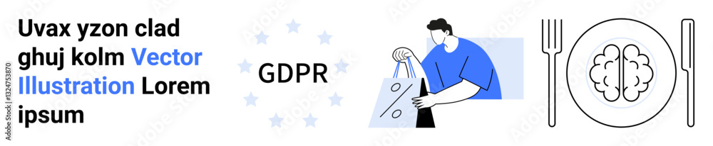 Elements include GDPR text with stars circle, a man holding an envelope, brain on plate with fork and knife. Ideal for tech, privacy, security, data protection, legal, cognitive function landing Elements include GDPR text with stars circle, a man holding an envelope, brain on plate with fork and knife. Ideal for tech, privacy, security, data protection, legal, cognitive function landing
