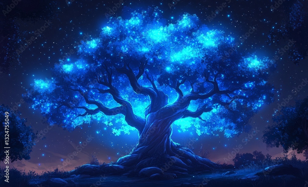 Blue Glowing Tree in the Night Sky with Cartoon Character Elements and Clean Lines Blue Glowing Tree in the Night Sky with Cartoon Character Elements and Clean Lines
