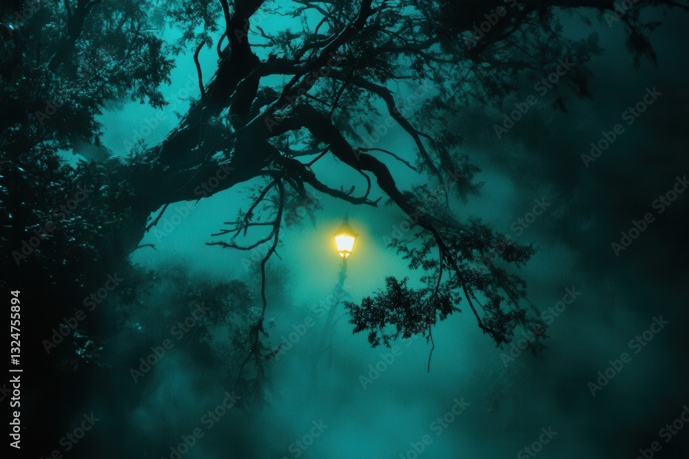 Fototapeta premium Misty dark forest with eerie fog and a glowing street lamp in the distance creates a suspenseful atmosphere