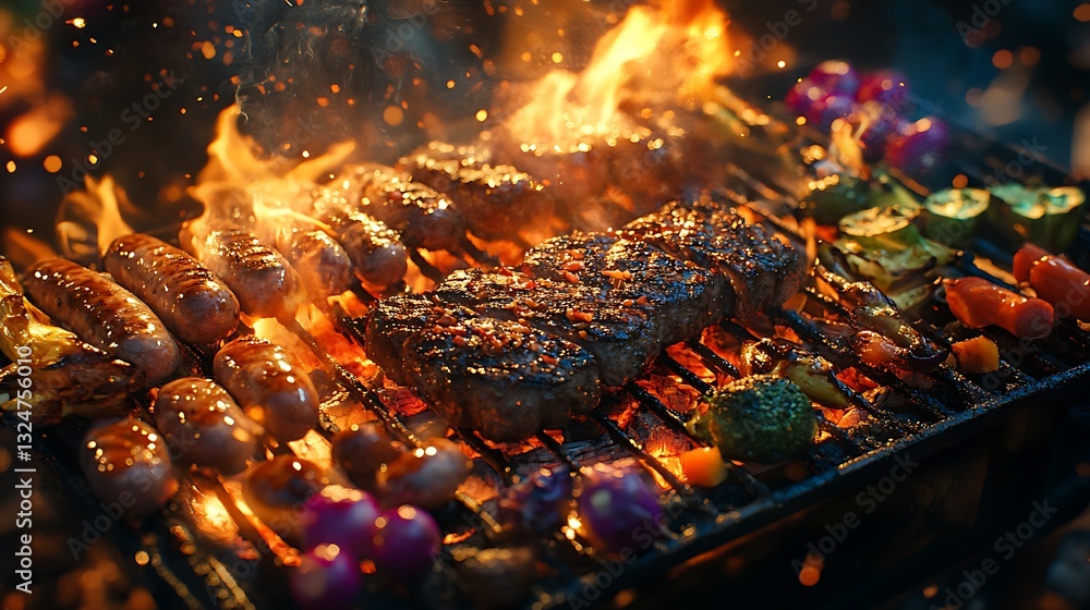 Grilled Skewers with Vegetables on Barbecue, Grilled skewers with vegetables on a barbecue grill, flames and smoke rising Grilled Skewers with Vegetables on Barbecue, Grilled skewers with vegetables on a barbecue grill, flames and smoke rising