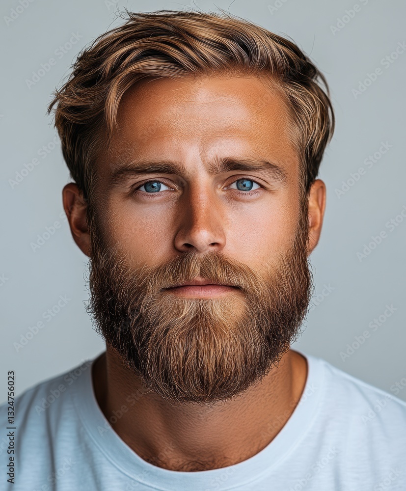 Fototapeta premium Young man with a full beard and piercing blue eyes wearing a white shirt, showcasing a confident expression against a neutral background