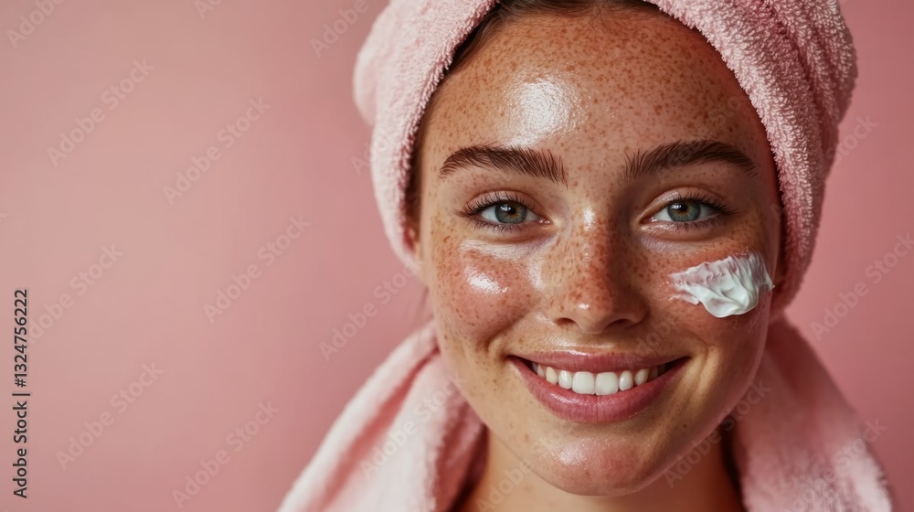 The image displays a person with facial freckles applying skincare products to their face. They have blond hair, and are wearing a white towel or turban on their head. The image displays a person with facial freckles applying skincare products to their face. They have blond hair, and are wearing a white towel or turban on their head.