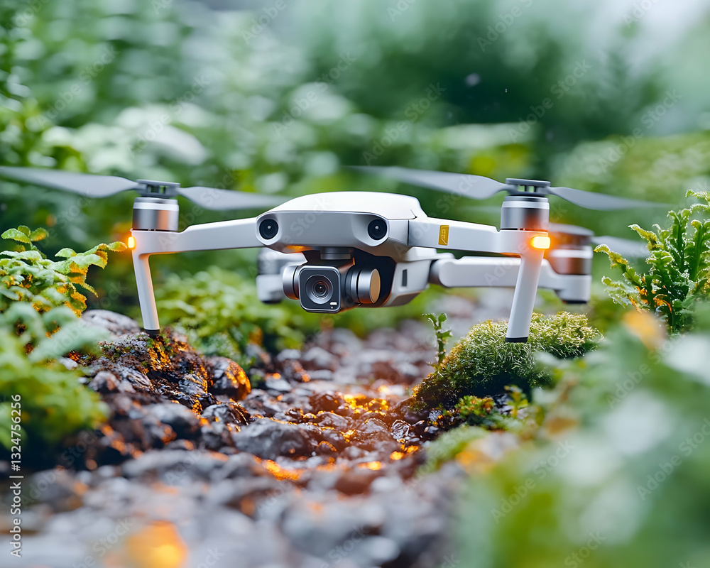 Naklejka premium Drone flies over a lush, rocky stream