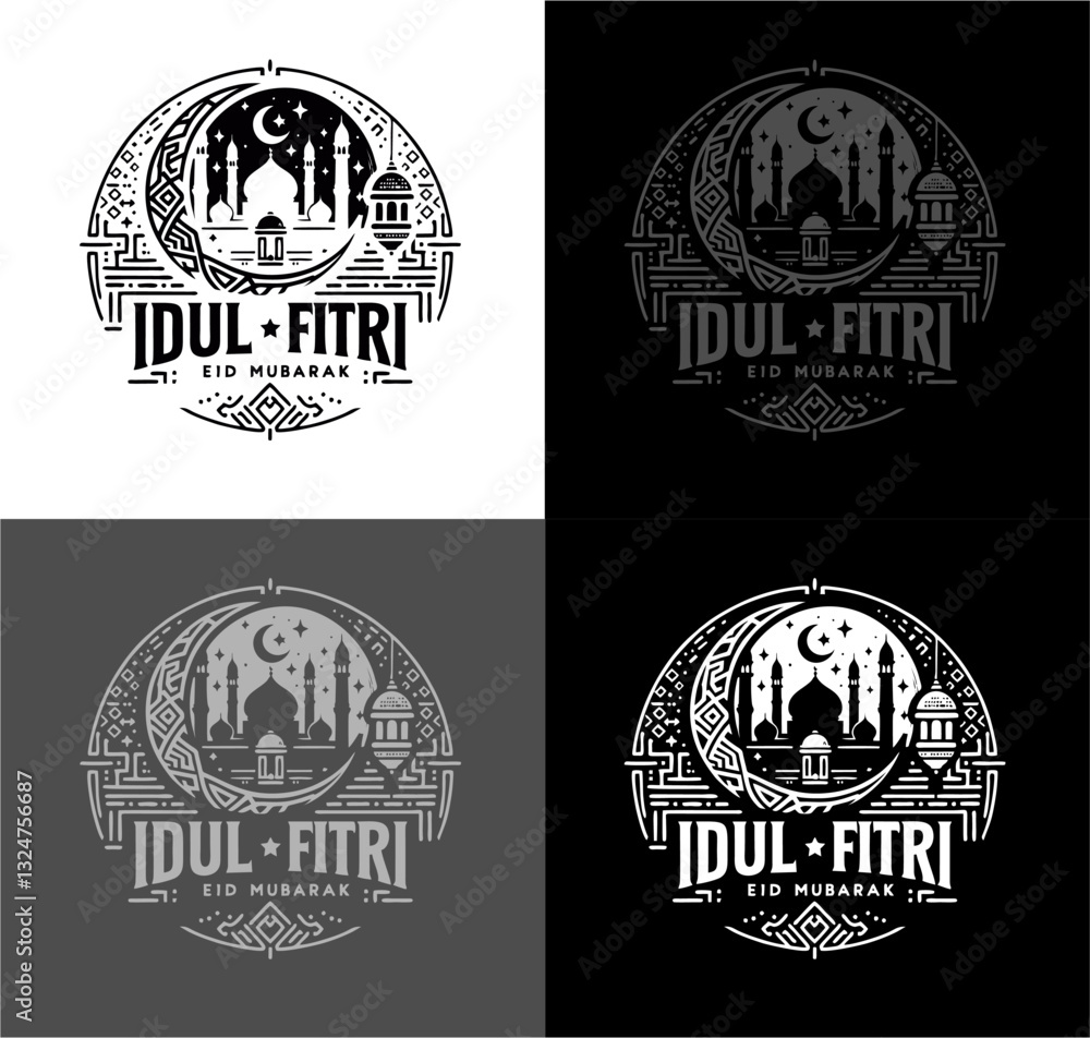Fototapeta premium Elegant Islamic Eid Mubarak logo featuring a mosque, crescent moon, and lanterns. Perfect for Ramadan, Idul Fitri greetings, branding, and festive decorations.