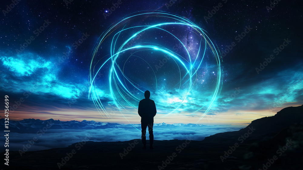 Celestial Connection: A Person Under a Starry Sky with Energy Lines