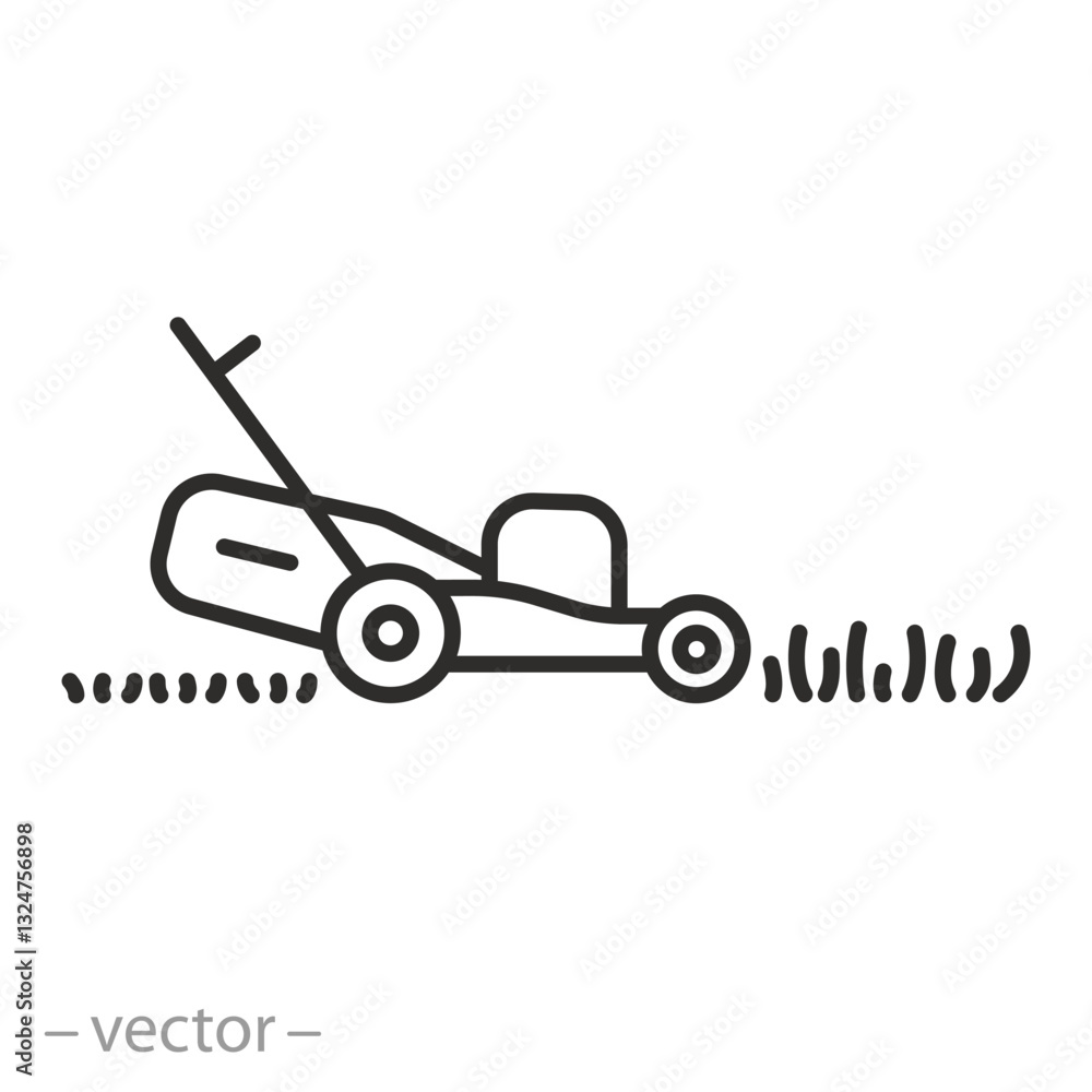 lawn mower icon, mow the grass, thin line symbol, vector illustration lawn mower icon, mow the grass, thin line symbol, vector illustration