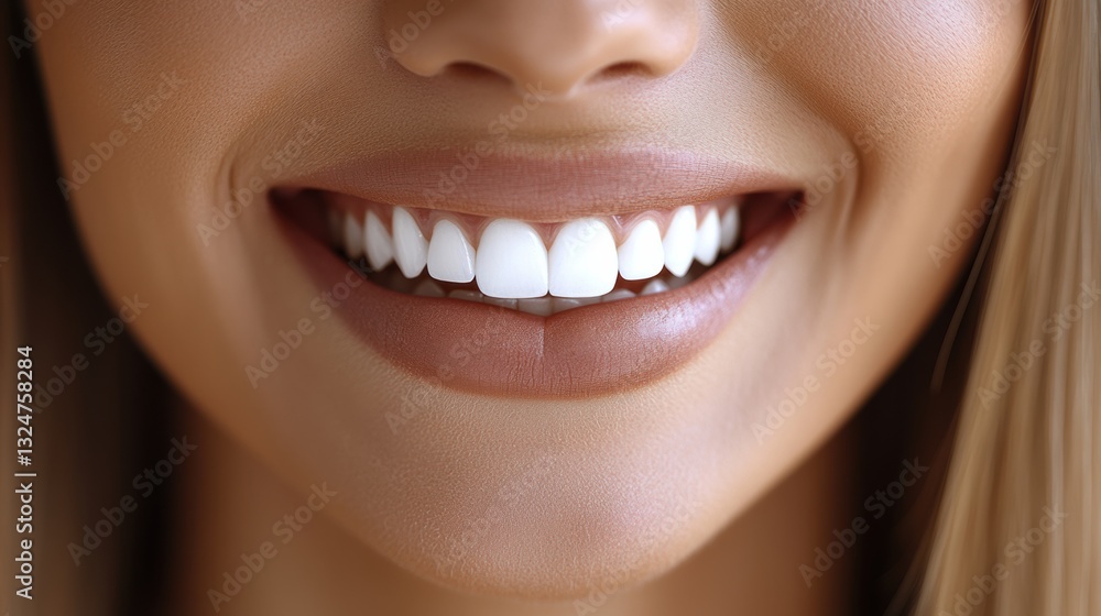 Fototapeta premium Bright smile of a young woman showcasing healthy teeth and radiant confidence in a natural setting during daylight hours