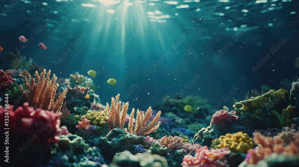 Fototapeta premium Vibrant coral reef ecosystem thrives beneath shimmering ocean surface