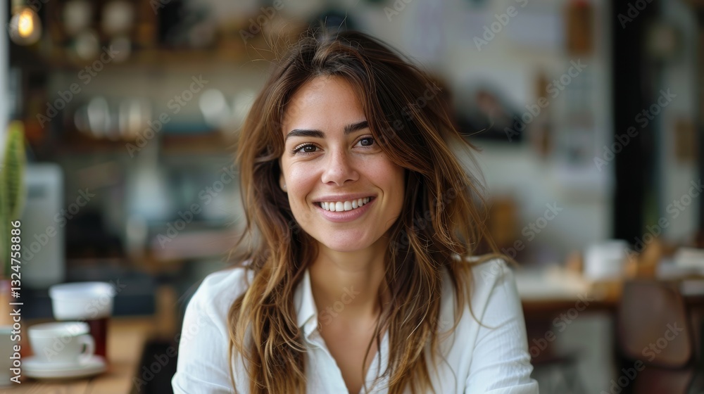 Portrait of a Young Woman with Long Brown Hair Smiling at the Camera in a Cafe Setting Portrait of a Young Woman with Long Brown Hair Smiling at the Camera in a Cafe Setting