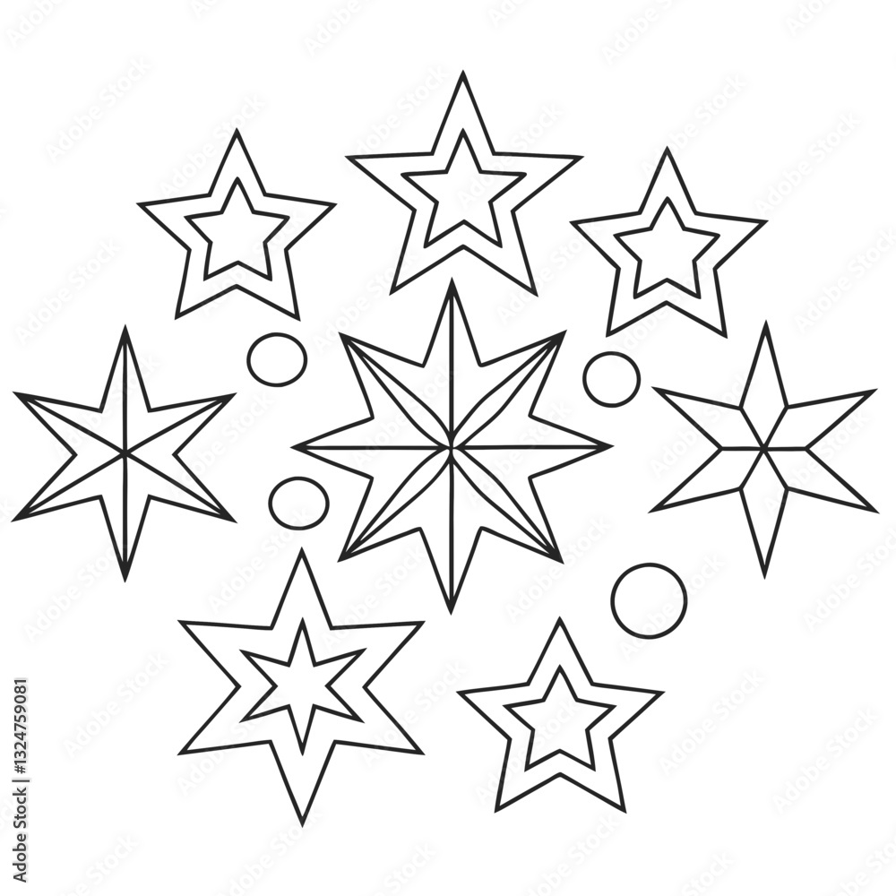 Star Pattern with Geometric Shapes and Circles on Transparent Background