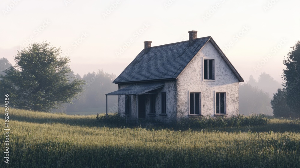 Abandoned farmhouse in a misty field at sunrise. Abandoned farmhouse in a misty field at sunrise.
