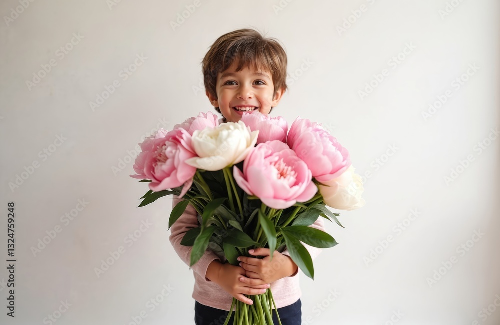 Happy smiling boy holds bouquet of pink, white peonies. Child on white background. Love and romantic concept. Mothers Day holiday, international womens day gift. Happy smiling boy holds bouquet of pink, white peonies. Child on white background. Love and romantic concept. Mothers Day holiday, international womens day gift.